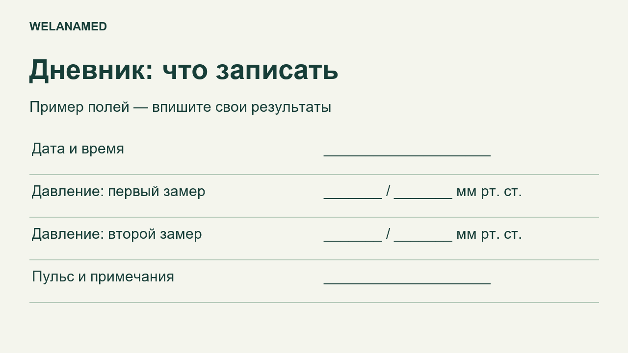 Поля дневника давления: дата и время, первый и второй замеры, пульс и примечания