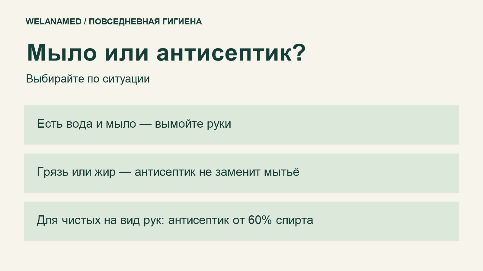 Выбор способа гигиены: вода и мыло при грязных руках, спиртовой антисептик для чистых на вид рук при отсутствии раковины