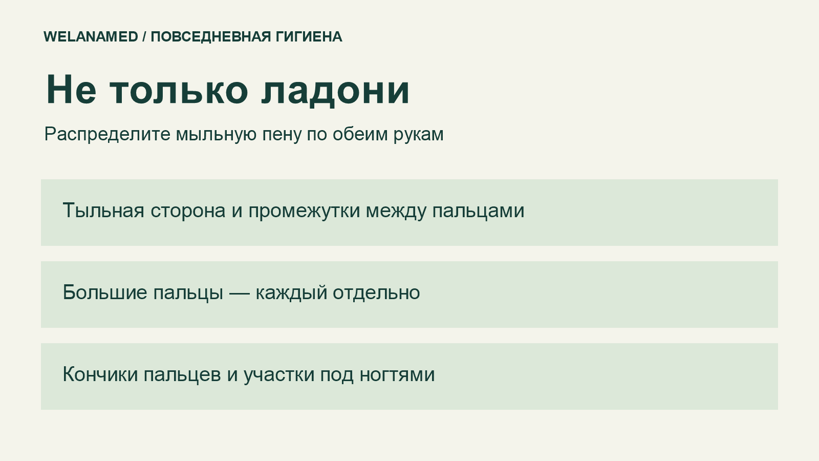 Участки, которые нужно намылить: тыльная сторона рук, промежутки между пальцами, большие пальцы и кончики пальцев